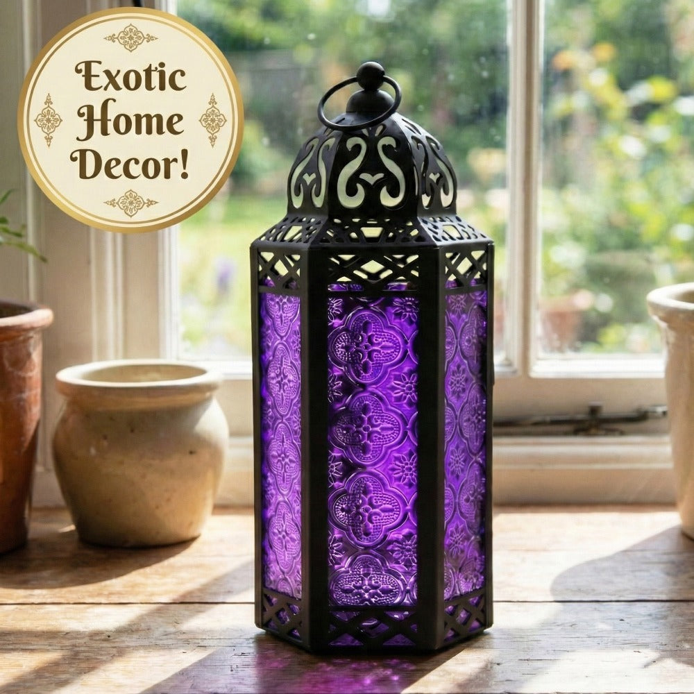 Moroccan Candle Lantern Holder - Decorative Metal & Glass Lantern with Embossed Floral Design for Indoor Home Decor