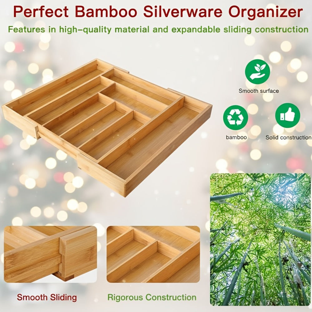 Expandable Bamboo Drawer Organizer with 6–8 Compartments, Sliding Sides and Natural Wood Finish