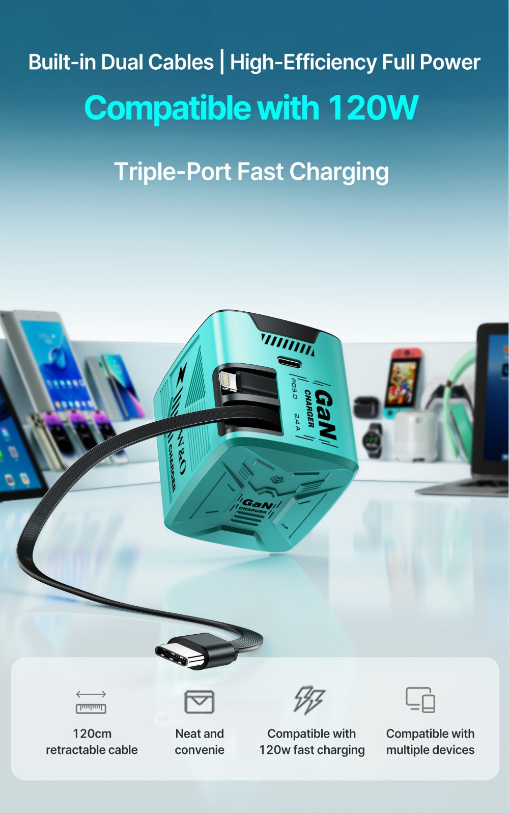 Dual Cable GaN Charger 120W with Built-In 47in Type-C & Lightning Retractable Cables, Foldable Plug – Tangle-Free Fast Charging USB-C Wall