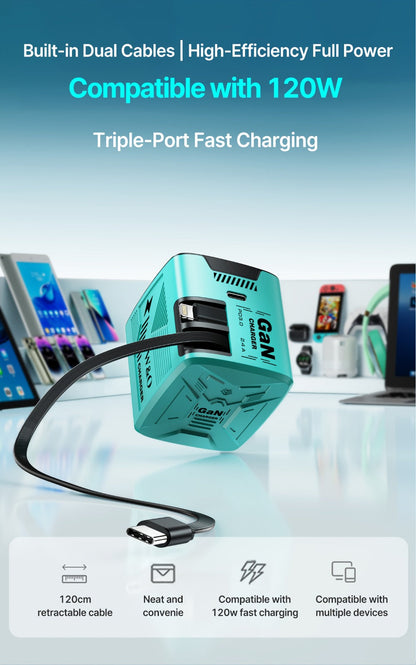 Dual Cable GaN Charger 120W with Built-In 47in Type-C & Lightning Retractable Cables, Foldable Plug – Tangle-Free Fast Charging USB-C Wall