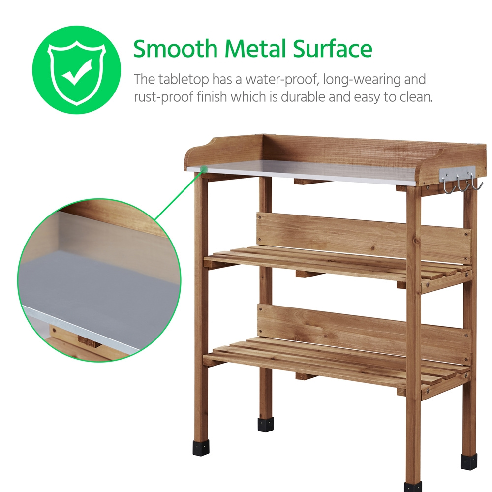 Rolling Potting Bench 3-Tier Wooden Garden Workstation Waist-High Galvanized Metal Top Lockable Casters for Garden, Patio and Yard Use