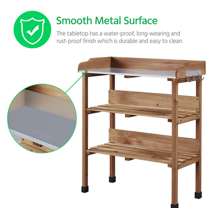 Rolling Potting Bench 3-Tier Wooden Garden Workstation Waist-High Galvanized Metal Top Lockable Casters for Garden, Patio and Yard Use