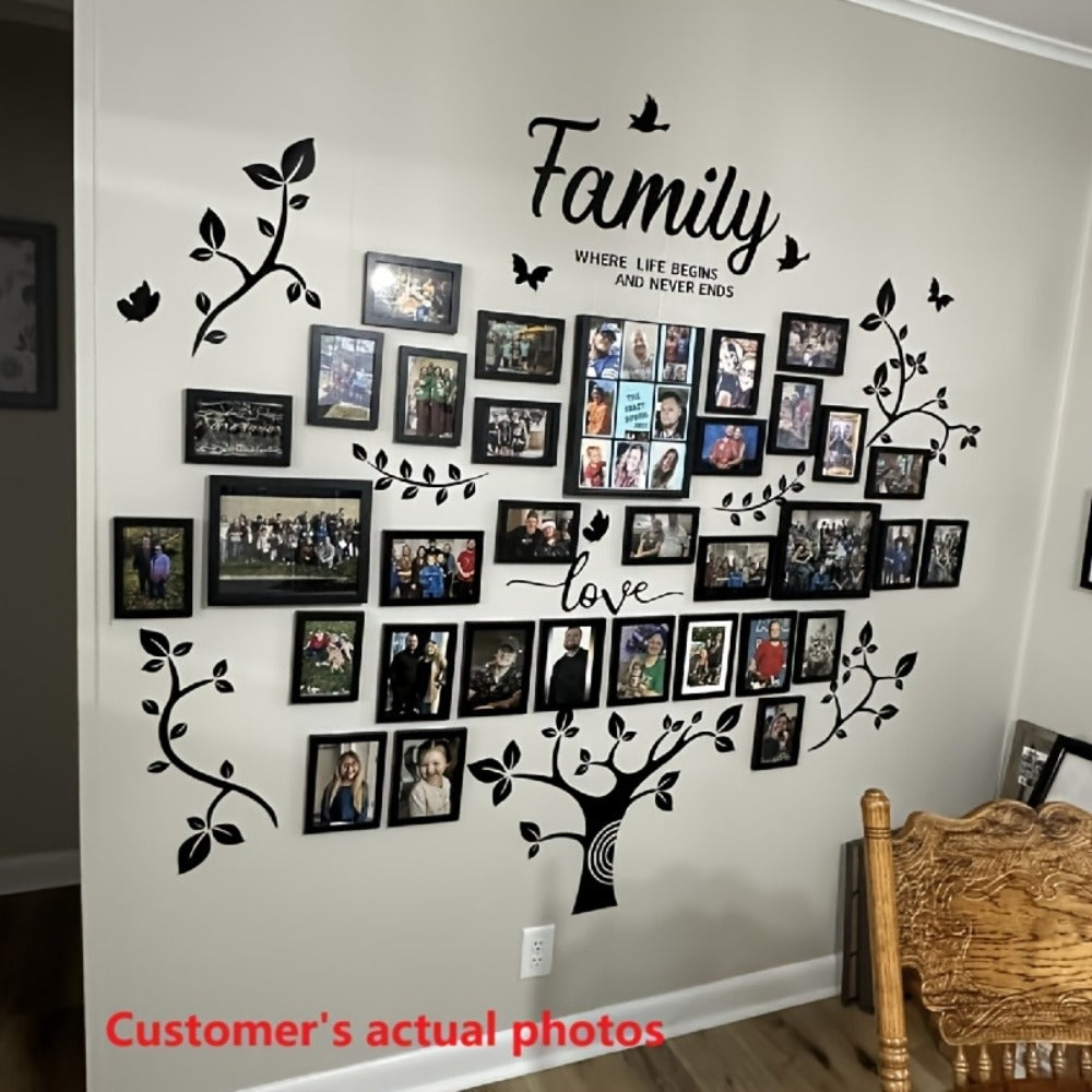 Family Tree Wall Sticker 3D Acrylic Photo Frame Collage – Removable Leaf-Shaped Picture Display with "Family" & "Love" Text