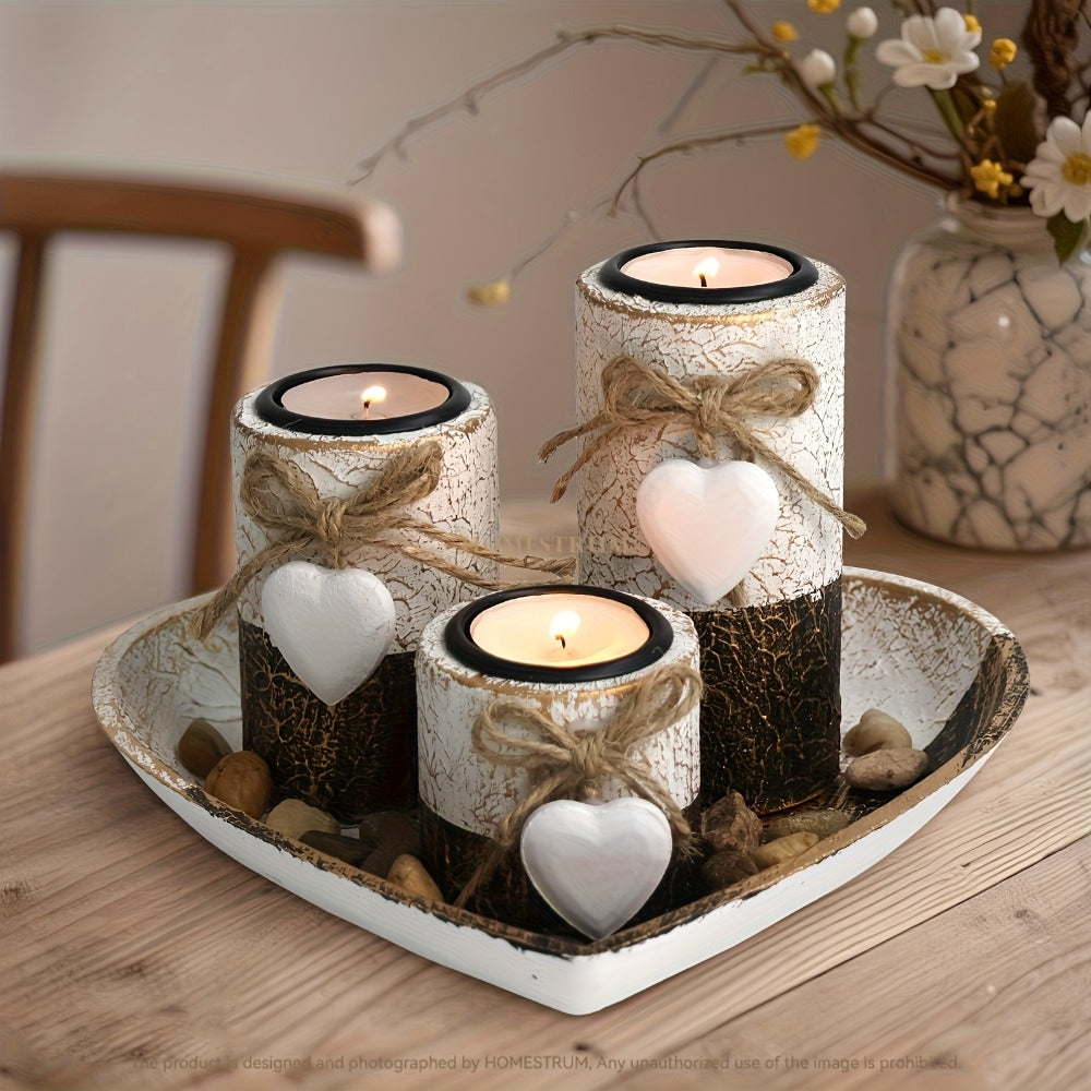 Wooden Candle Holder Set of 4, Love Heart Tray, Tea Light Holder, Knot Bow Decoration & Decorative Stone Bowl for Home Decor