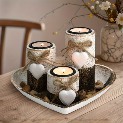 Wooden Candle Holder Set of 4, Love Heart Tray, Tea Light Holder, Knot Bow Decoration & Decorative Stone Bowl for Home Decor