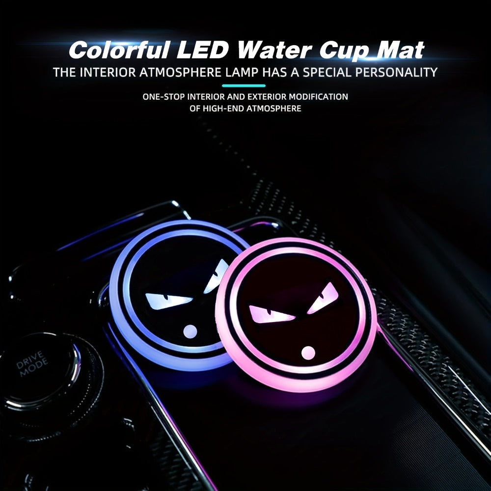 LED Neon Car Cup Holder Coasters – 7 Color USB Rechargeable Glowing Cup Mats, Ambient Light for Car Interior, Bar & Home Decor (Set of 2