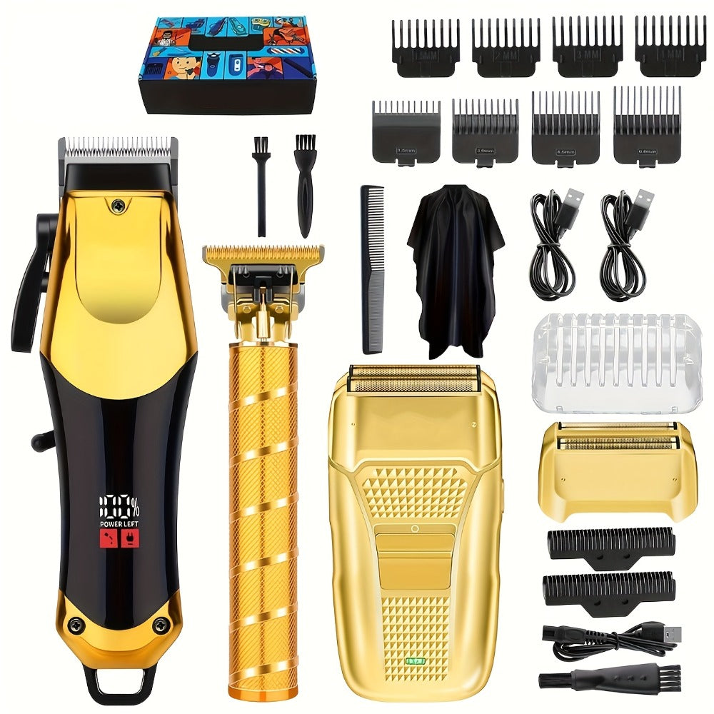 Men's Grooming Kit Hair Clipper Set USB Rechargeable LCD Display – Professional Clipper Razor T-Blade Trimmer 8 Guide Combs & Apron Complete