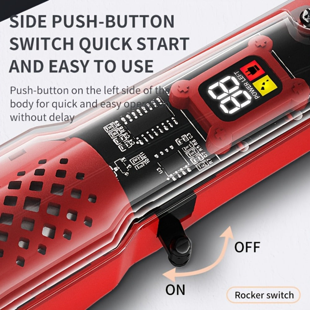 Transparent Electric Hair Clipper with Digital Display, Four Guide Combs, Grooming Tools and Red, Black or Blue Finish