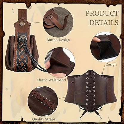 Renaissance Corset Set 5-Piece Ladies – Medieval Belt Pouch Potion Bottle Waist Protector, Women Halloween LARP Cosplay Renaissance Fair