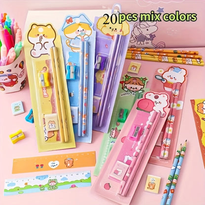 20-Piece Cartoon Pencil Stationery Set with Ruler Eraser Sharpener, Random Cartoon Styles, Kids School Supplies, Party Favor Prizes