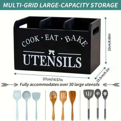 Wooden Kitchen Utensil Holder 3 Compartment Countertop Organizer, Rustic Wood Kitchen Tool Storage Box Wall Mounted or Countertop
