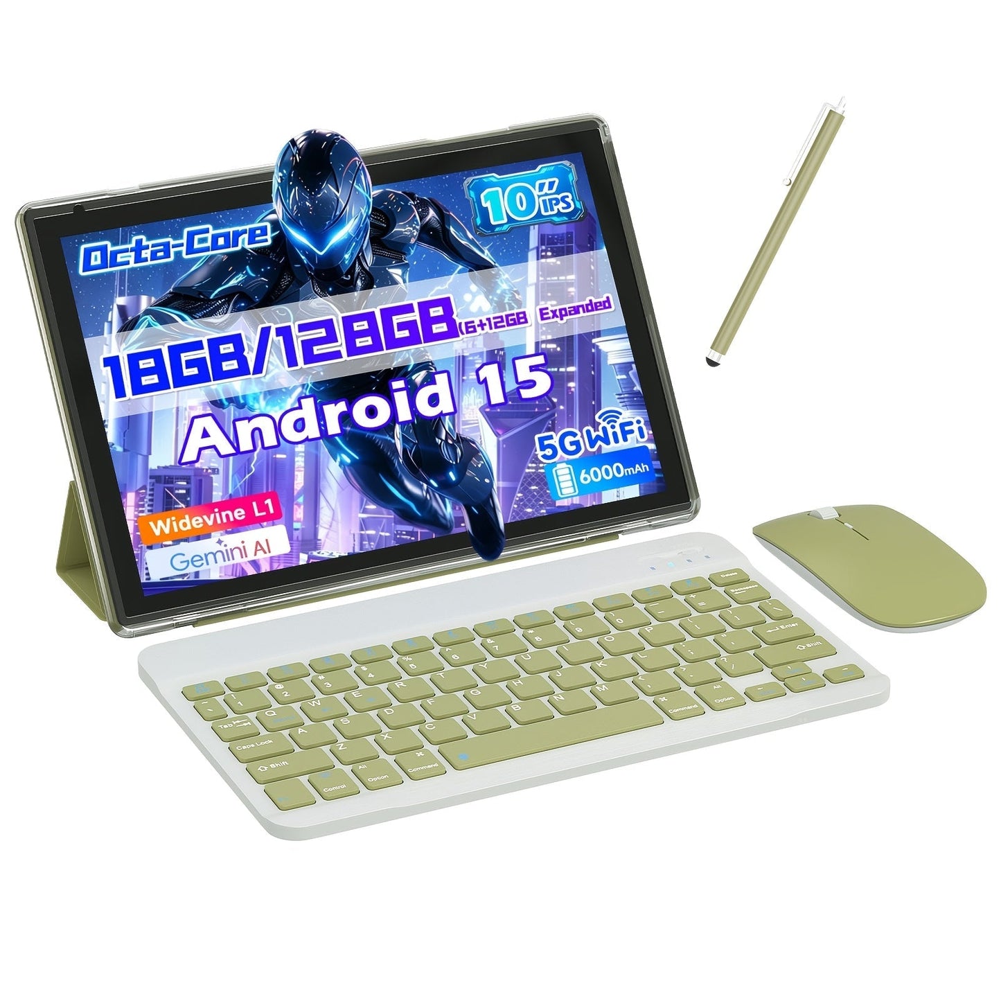 10.1-Inch Android 15 Tablet with 18GB Configured Memory, 128GB Storage, Dual-Band Wi-Fi and Keyboard Set Options