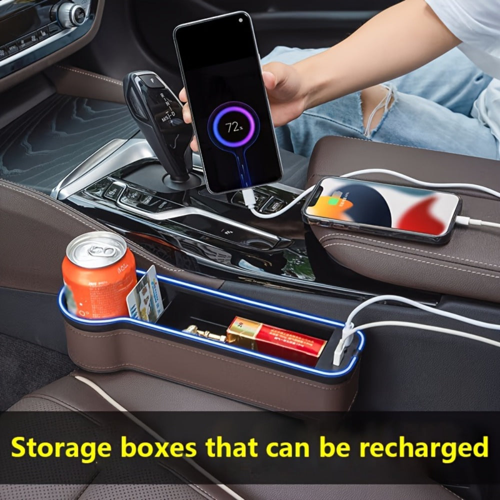 Black Lighted Seat-Gap Car Organizer with Phone Slot, USB Ports and Driver, Passenger or Pair Options