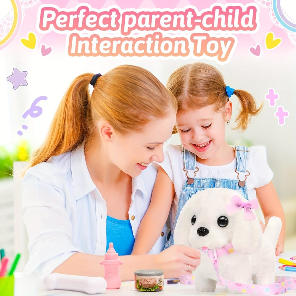 Plush Toy White Electronic Puppy with Walking, Barking, Tail-Wagging Action, Leash and Bow