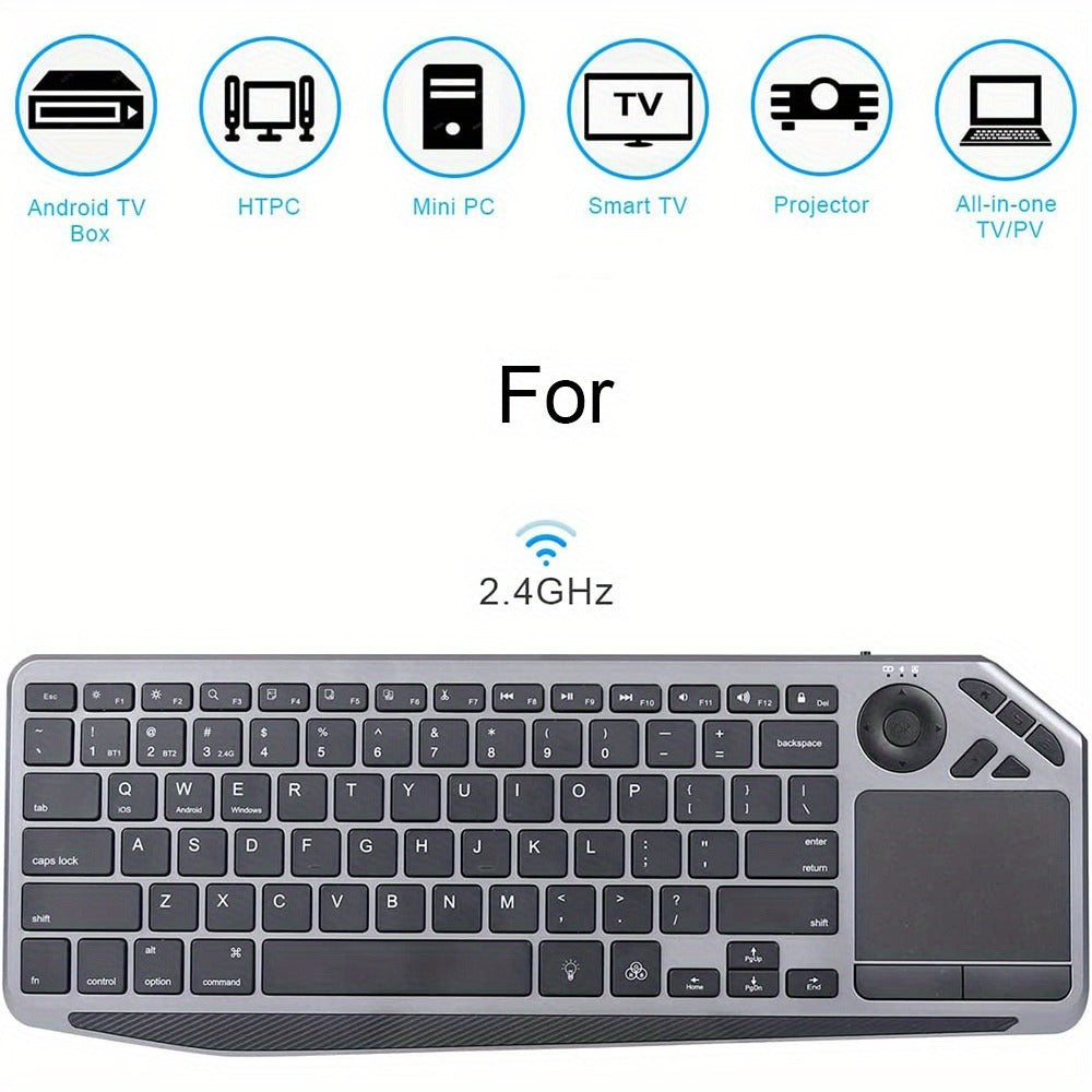 Touchpad Wireless Keyboard 2.4G Dual Mode, Backlit Multimedia Hotkeys, Type-C Rechargeable, All-in-One Remote for Smart TV