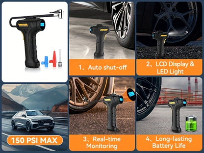 Portable Tire Inflator Air Compressor 150 PSI Cordless with Auto-Shutoff Digital Pressure Gauge LED Light Wireless USB Charging for Car