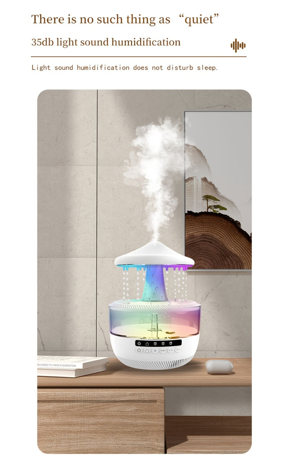 Cool Mist Humidifier with 7-Color Night Light Raindrop Music Design Dual Mist Output 26dB Ultra-Quiet 24H Operation Visible Water Level