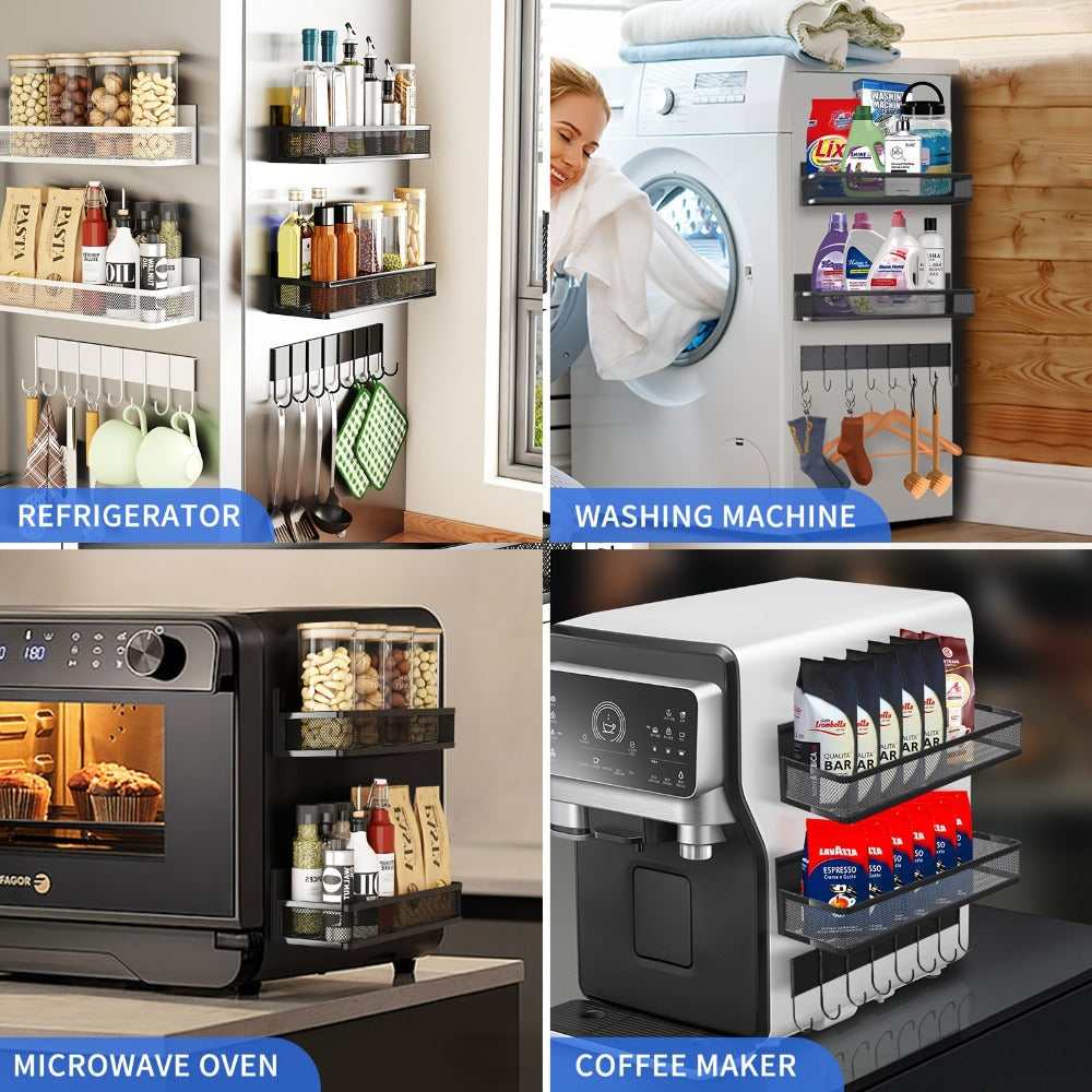 Kitchen Organizer Magnetic Refrigerator Shelf 4-Piece Set with Hooks for Metal Appliance Surfaces