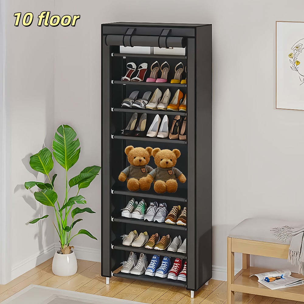 Shoe Rack with Dust Cover, 6/8/10 Tier High- Space Saving Shoe Organizer, Easy Assembly, 12mm Pipe