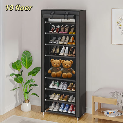 Shoe Rack with Dust Cover, 6/8/10 Tier High- Space Saving Shoe Organizer, Easy Assembly, 12mm Pipe