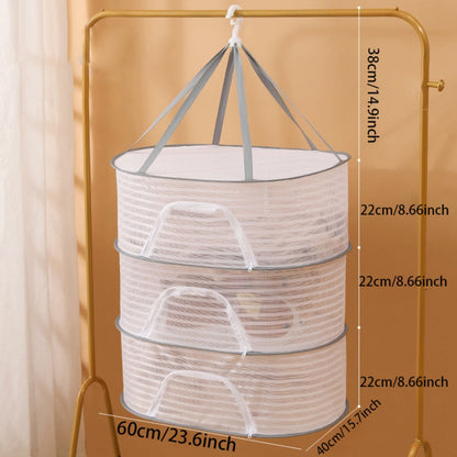 Mesh Drying Rack Foldable 2-3 Layer with Hooks & Zipper Closure, Hanging Herb Drying Net for Herbs