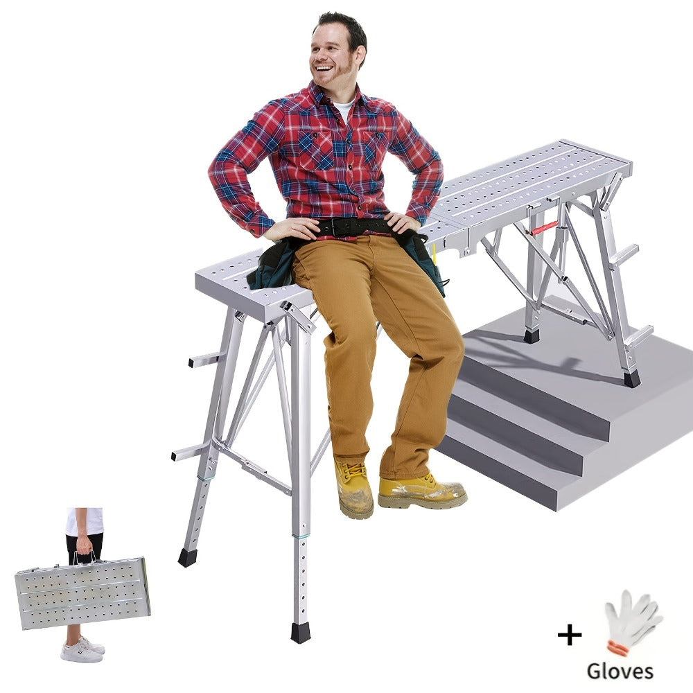 Adjustable Folding Scaffolding Work Platform, Portable Drywall Bench Step Ladder with Anti-Slip Feet & Safety Lock