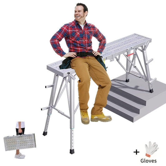 Adjustable Folding Scaffolding Work Platform, Portable Drywall Bench Step Ladder with Anti-Slip Feet & Safety Lock