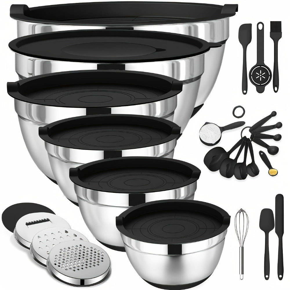 Nested Mixing Bowl Set with Khaki, Black or Mixed-Color Lids, Grater Inserts and Prep Tools