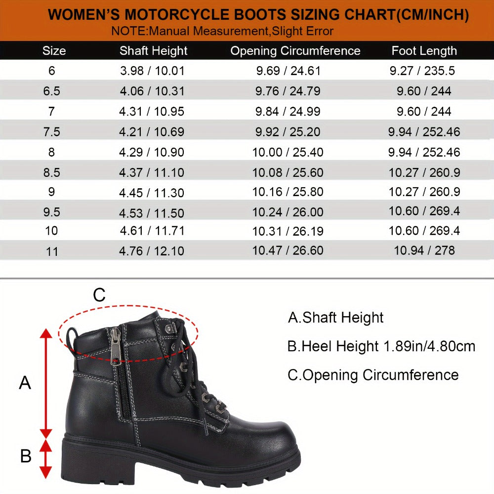 Women's Motorcycle Riding Boots, Low Heel Lace-Up Ankle Booties with Side Zipper, Non-Slip Rubber Sole Biker Combat Boots in Black Faux