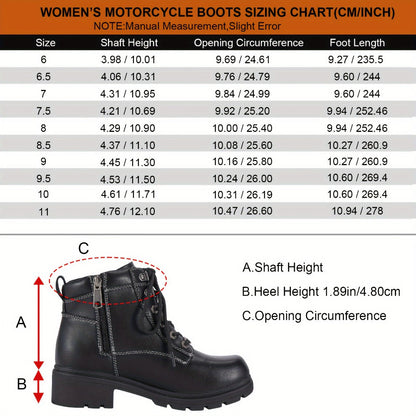 Women's Motorcycle Riding Boots, Low Heel Lace-Up Ankle Booties with Side Zipper, Non-Slip Rubber Sole Biker Combat Boots in Black Faux