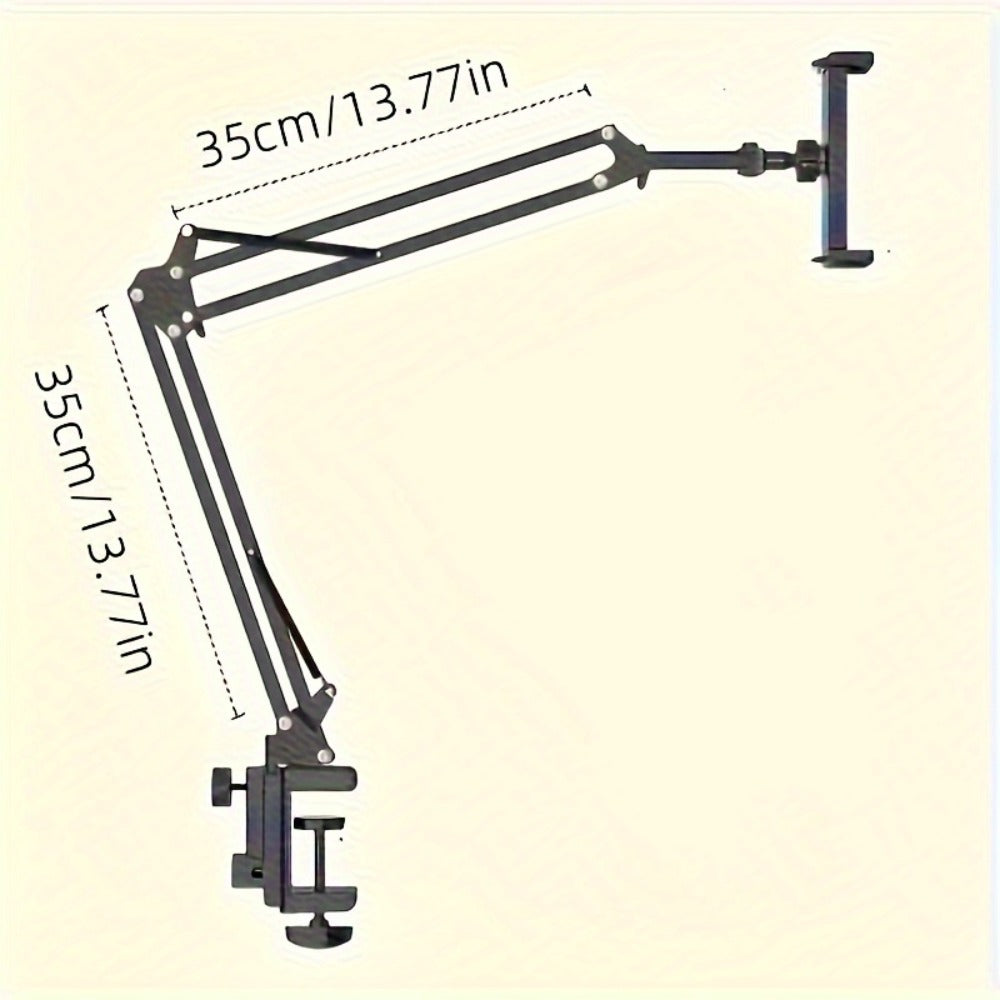 Long-Arm Tablet Stand with Desk Clamp, Two 35 cm Articulating Sections and Rotating 4–13 Inch Device Holder