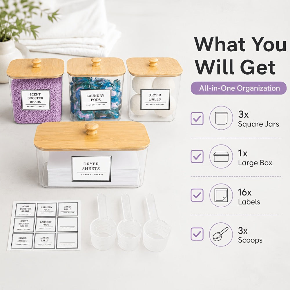 Laundry Pods Container & Dryer Sheet Holder Set with Bamboo Lids, Clear Laundry Room Organization Containers for Scent Booster, Powder