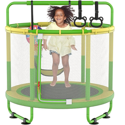 60 Inch Kids Trampoline 6-in-1 with Safety Net Enclosure, Basketball Hoop, Swing, Dart Board & Gymnastic Rings