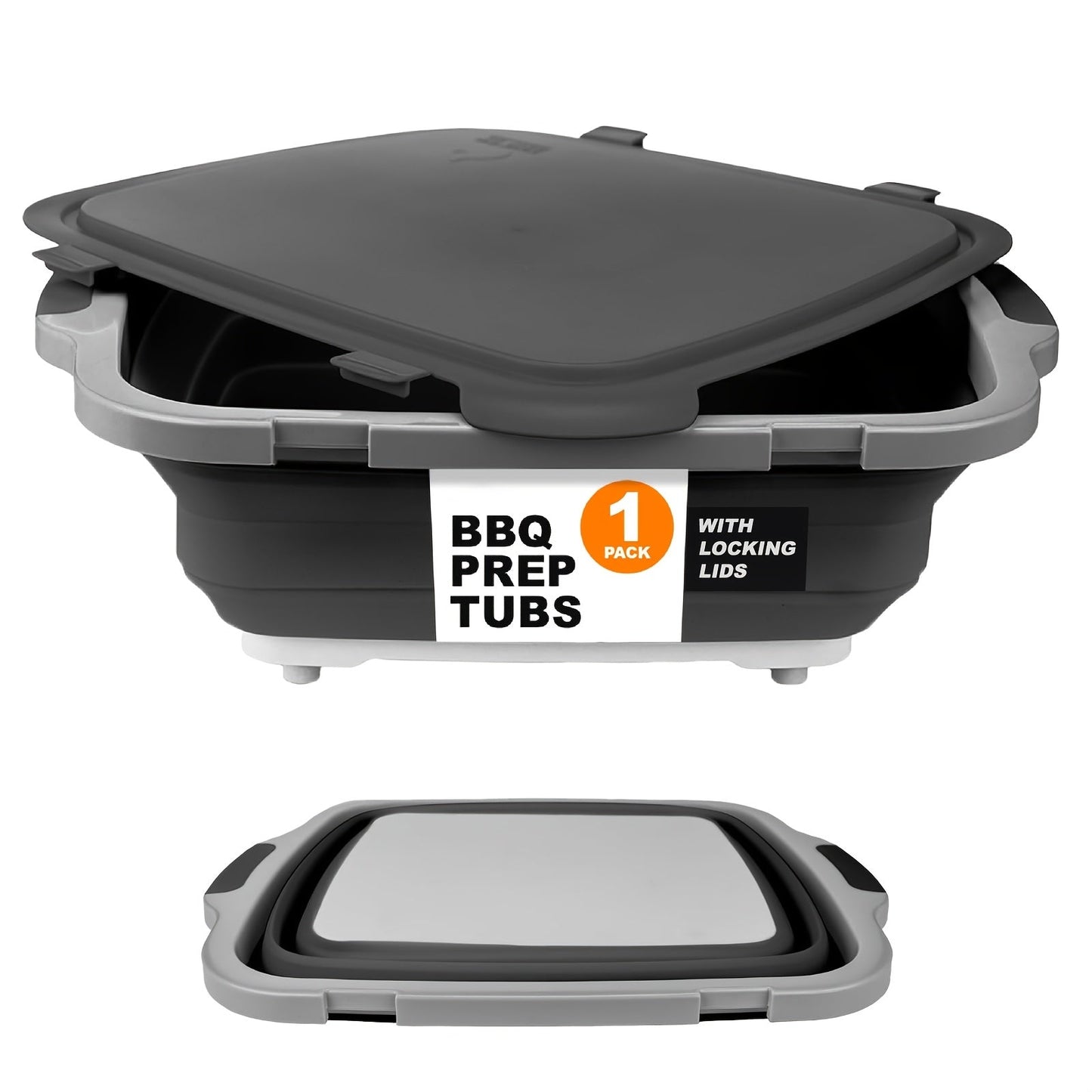 Collapsible Three-in-One BBQ Prep Tub with Cutting Board, Washing Basket, Drain Plug and Locking Lid in Black