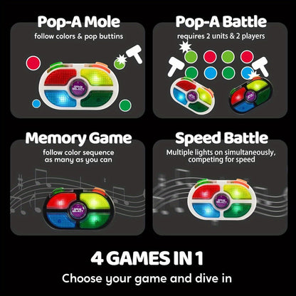 Portable Handheld Gaming Device 2-Pack, 7-Button Electronic Game with 4 Modes, Light & Sound, Memory & Speed Battle for Kids Ages 8+