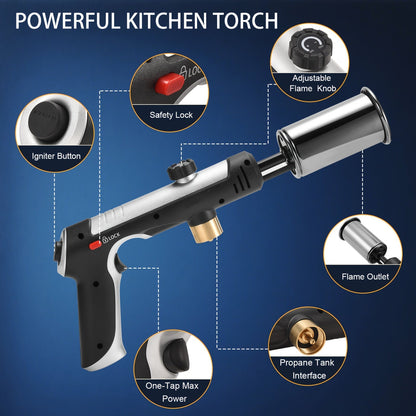 Propane Torch Gun with Safety Lock & One-Touch Max Fire, Adjustable Flame Butane Burner for Searing Steak