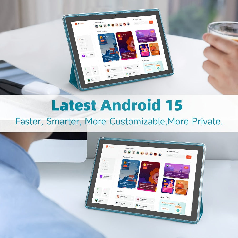 10.1-Inch Android 15 Tablet with 18GB Configured Memory, 128GB Storage, Dual-Band Wi-Fi and Keyboard Set Options