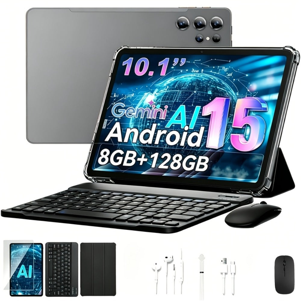 2-in-1 Tablet with Keyboard Android 15, 10.1 Inch 8GB RAM 128GB ROM 8000mAh Battery, 5G WiFi 16MP+5MP Dual Camera FHD IPS Display