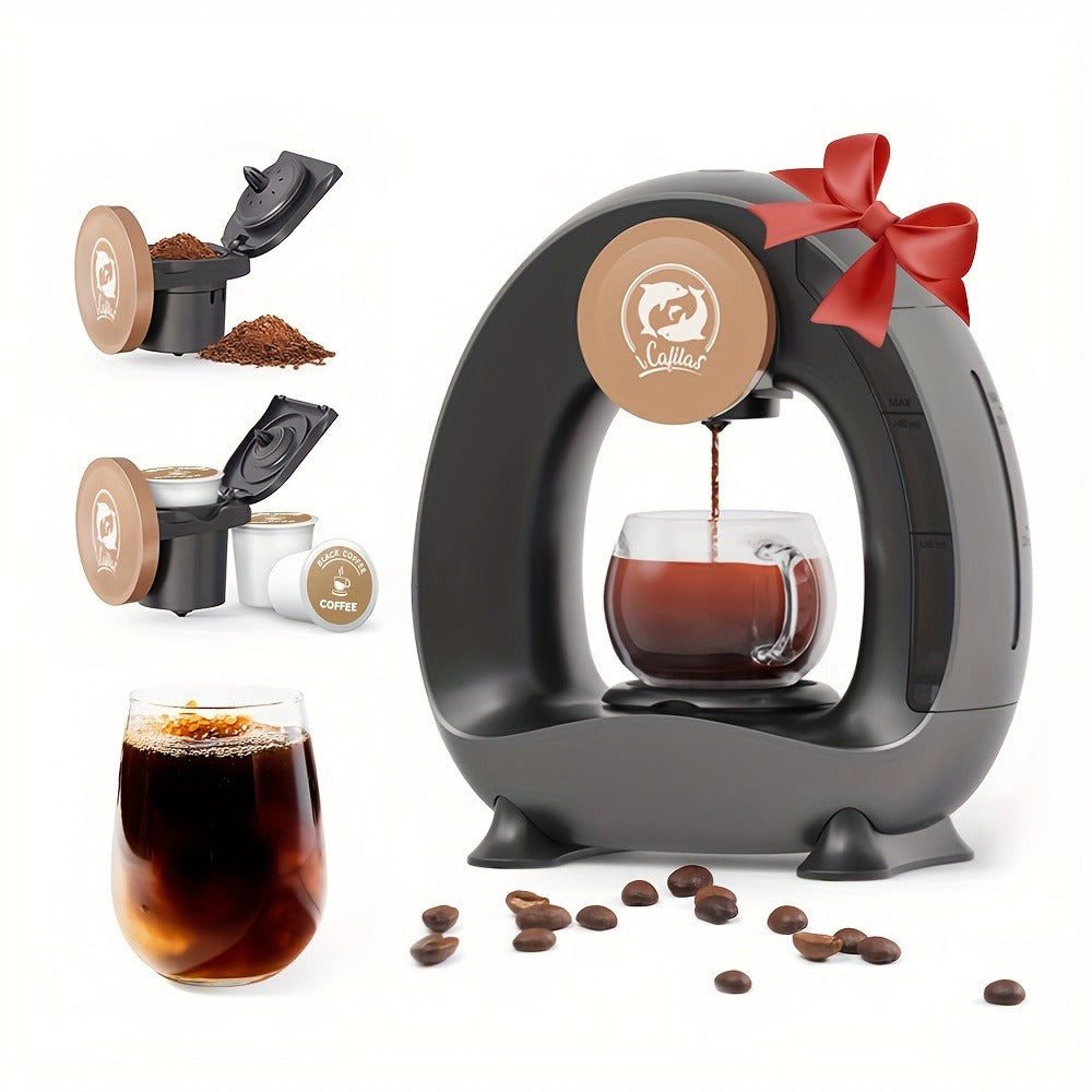 Compact Single-Serve Coffee Maker for Pods, Grounds or Tea with 4-8oz Serving Label and Four Colors