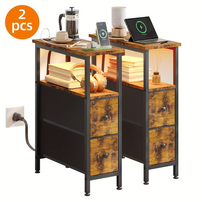Nightstand Slim One or Two Fabric Drawers with Charging Station, LED Light and Single or Two-Pack Choice