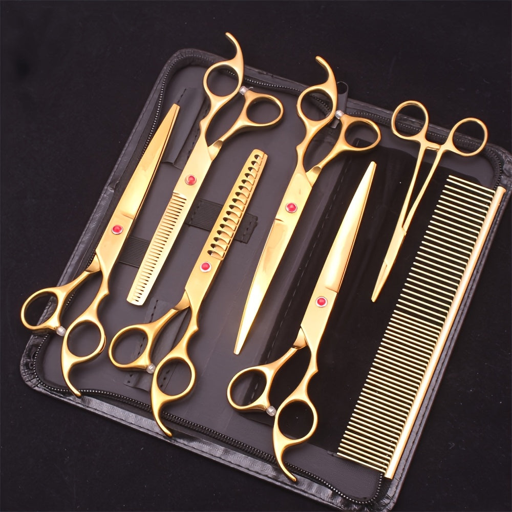 Dog Grooming Scissors Set 7 Piece – Japanese Stainless Steel Cutting Thinning Chunker Shears with Pet Comb for All Breeds