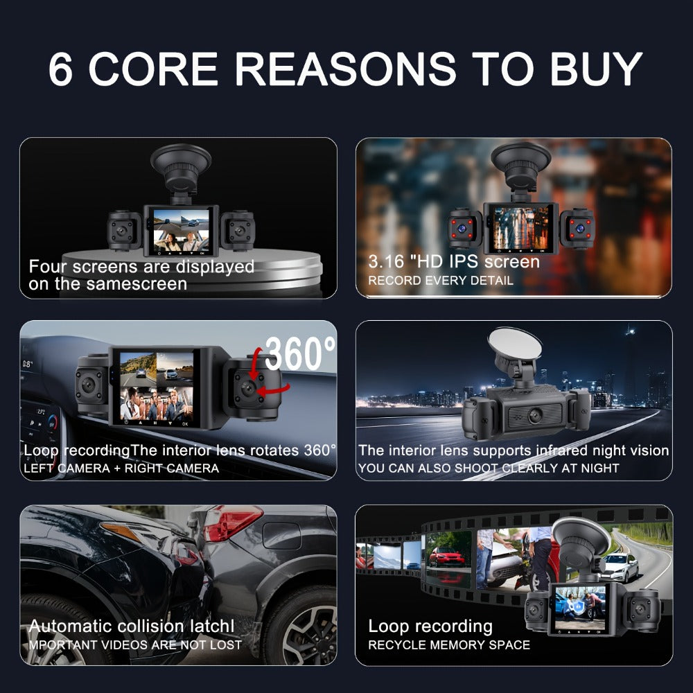 4-Channel 360° Dash Cam 1080P Front + 720P Rear Left Right All-Round Coverage, Quad-Screen Split Display, Night Vision, WDR, G-Sensor