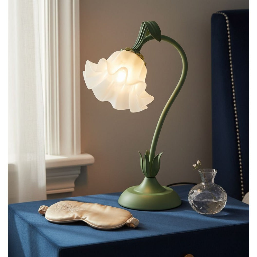 Table Lamp with Green Bellflower Stem, Floral Shade, Corded Power and Single Botanical Design