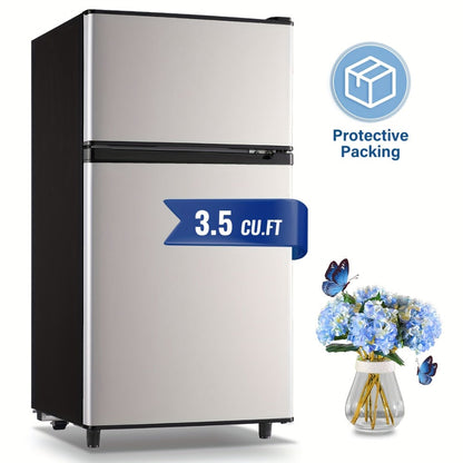 Small Fridge with Freezer, 2-Door Compact Refrigerator with 7-Level Adjustable Thermostat, Removable Shelves & Basket