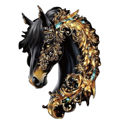Ornate Horse Silhouette Wooden Jigsaw Puzzle with Gold-Tone Scrollwork in Three Size Options for Display