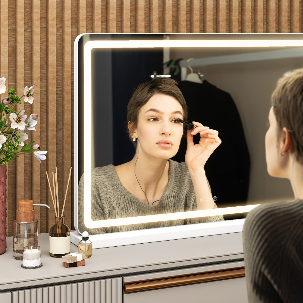 Rectangular LED Vanity Mirror with Three Light Colors and Three Size Checkouts from 13 x 17 to 32 x 22 Inches