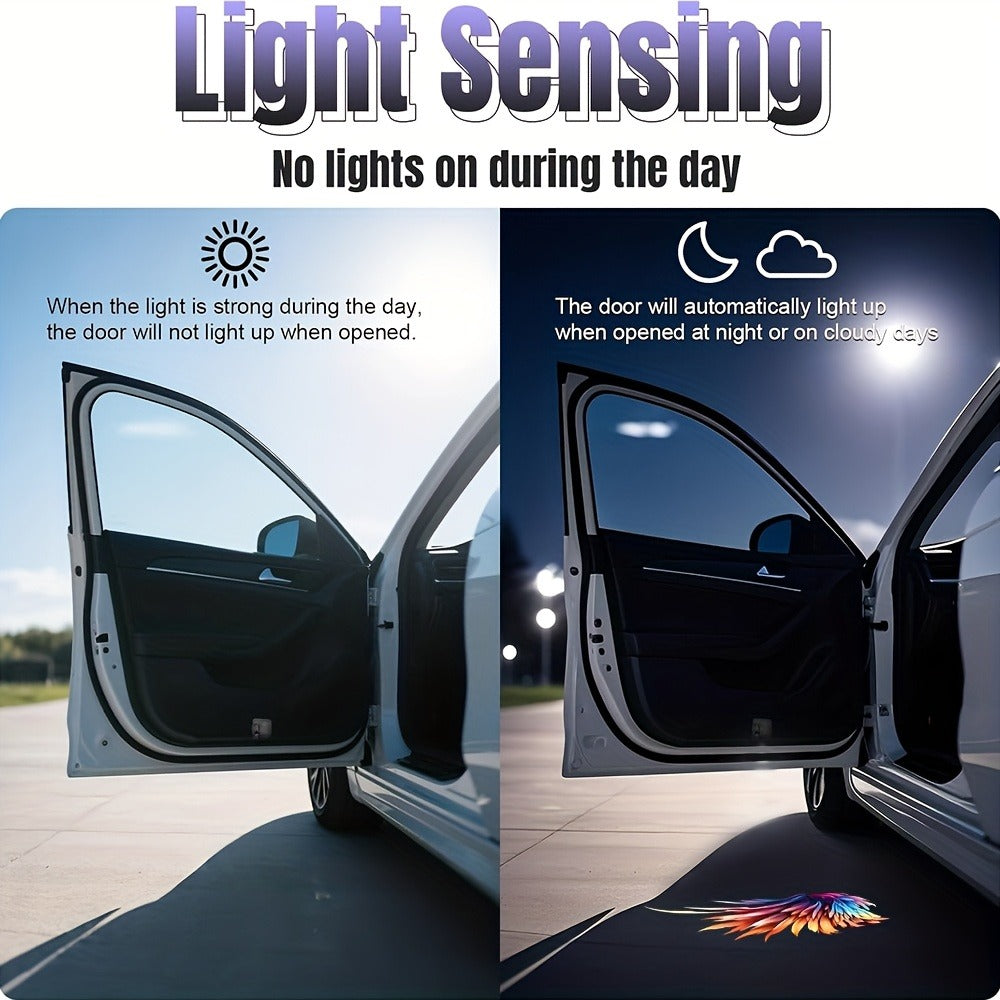 Four-Piece Angel-Wing Car Door LED Projector Light Set with Battery Power and Light-Sensing Activation