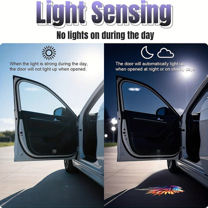 Four-Piece Angel-Wing Car Door LED Projector Light Set with Battery Power and Light-Sensing Activation