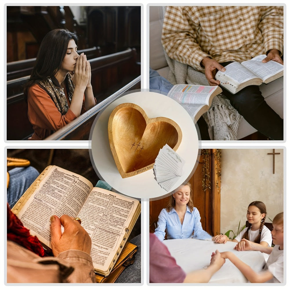 Wooden Prayer Bowl with 24 Prayer Cards – Hand-Carved Heart Shaped Cross Engraved Vintage Religious Gift Set for Easter, Christmas