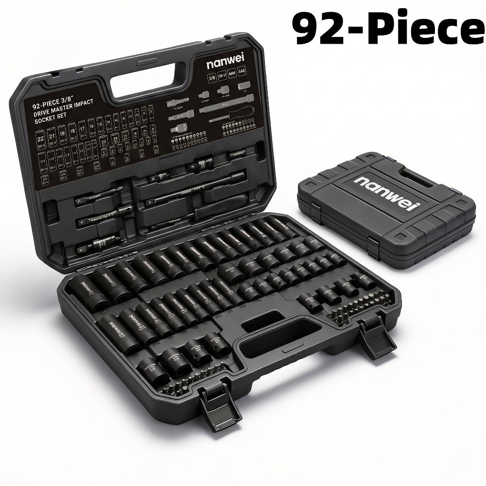 Impact Socket Set 3/8" Drive CR-V – 15/92 Piece Metric & SAE 6-Point with Ratchet Handle Adapter Storage Box for Auto Repair Mechanic DIY